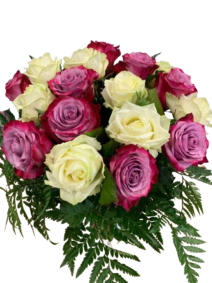 Bukiet róż w kolorach malinowego różu i pastelowej żółci