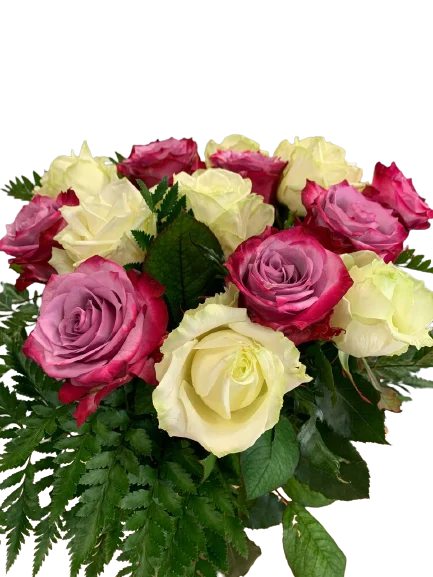 Bukiet róż z eleganckimi różami w odcieniach różu i żółtego