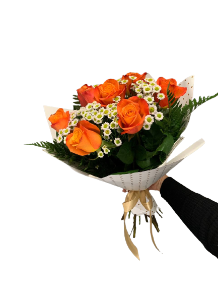 Bukiet pomaranczowe róże z margarytką z dostawą niska cena Piastów