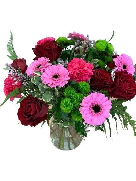 Bukiet w intensywnych czerwonych barwach – róże, gerbery i zieleń