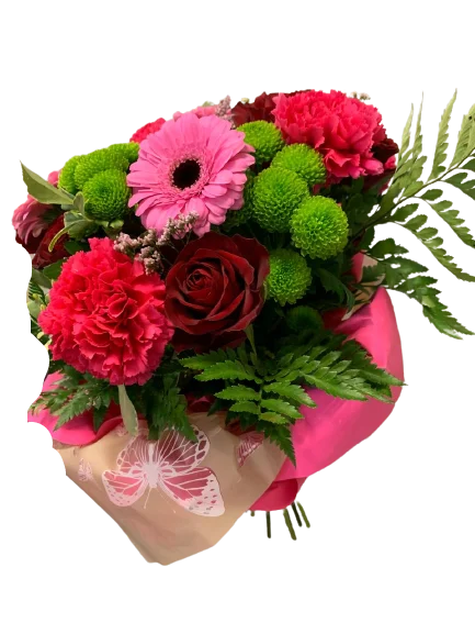 Kolorowy bukiet róż z czerwonymi różami, gerberami i zielonymi kulkami chryzantem