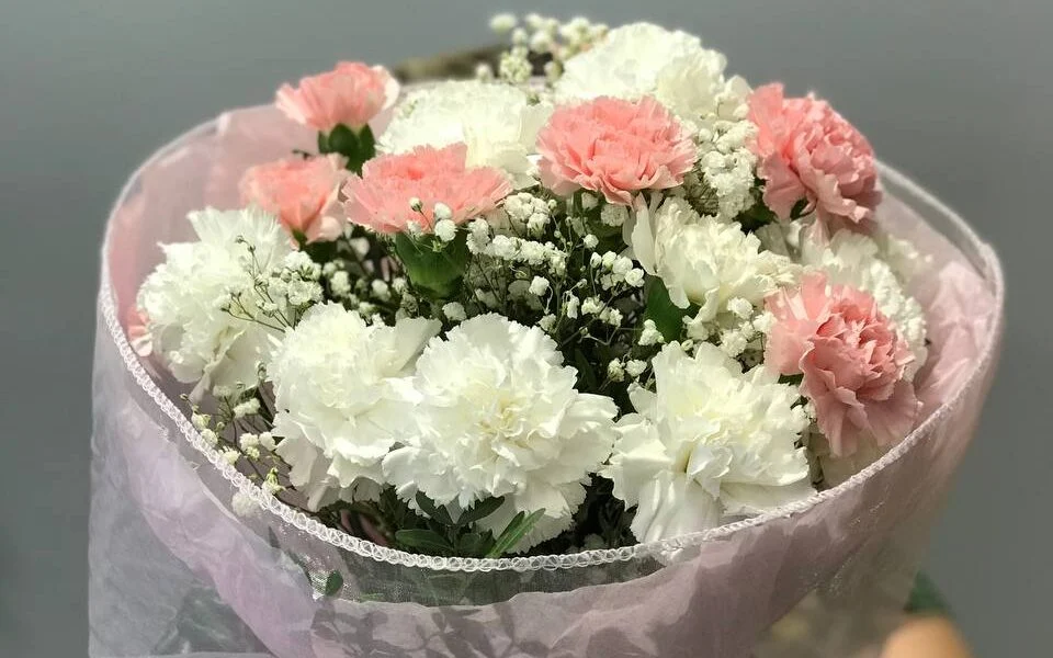 Okazały bukiet z białych i różowych goździków.