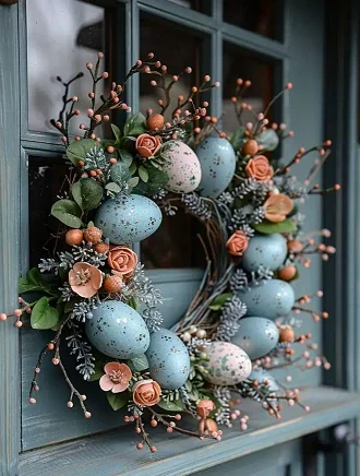 Dekoracja z pisankami i kwiatami w odcieniach niebieskiego i brzoskwiniowego