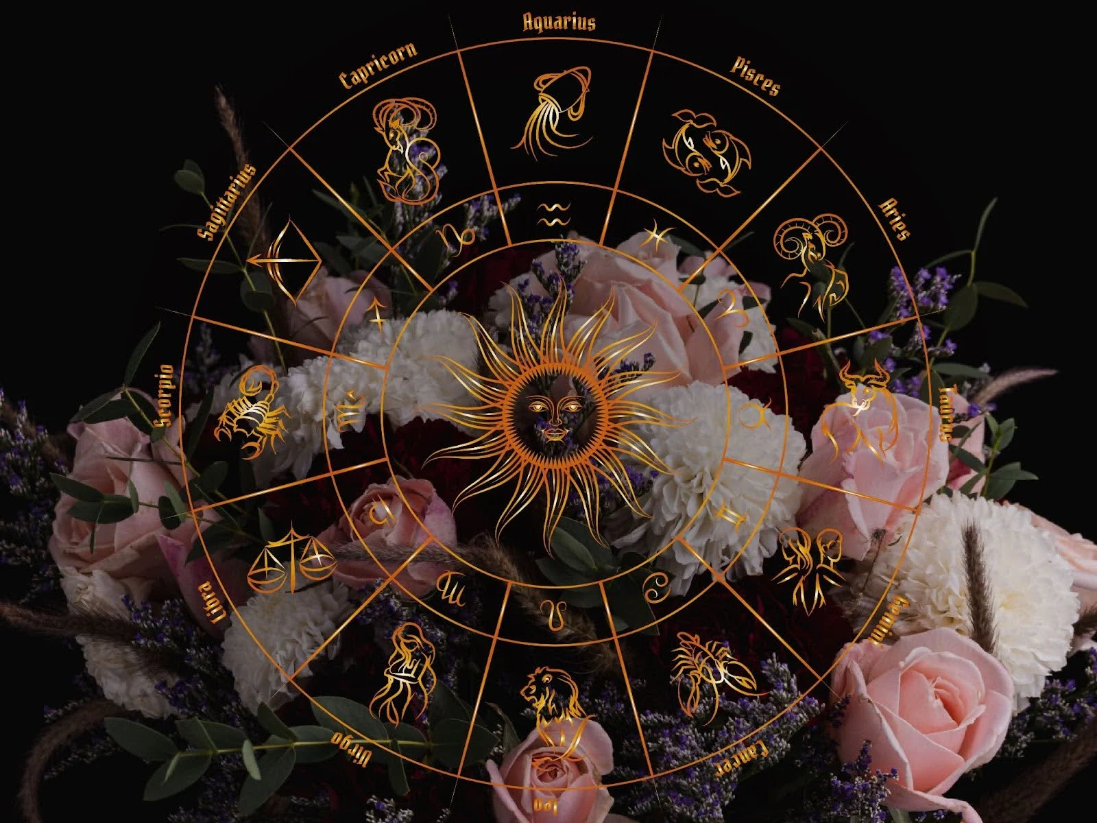 Horoskop kwiatowy – koło znaków zodiaku na tle bukietu róż i lawendy