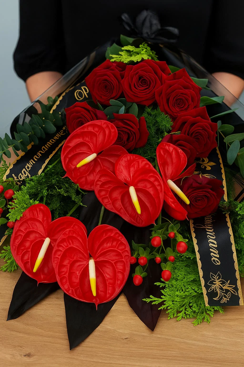 Bukiet pogrzebowy z czerwonych róż i anturium w eleganckim opakowaniu