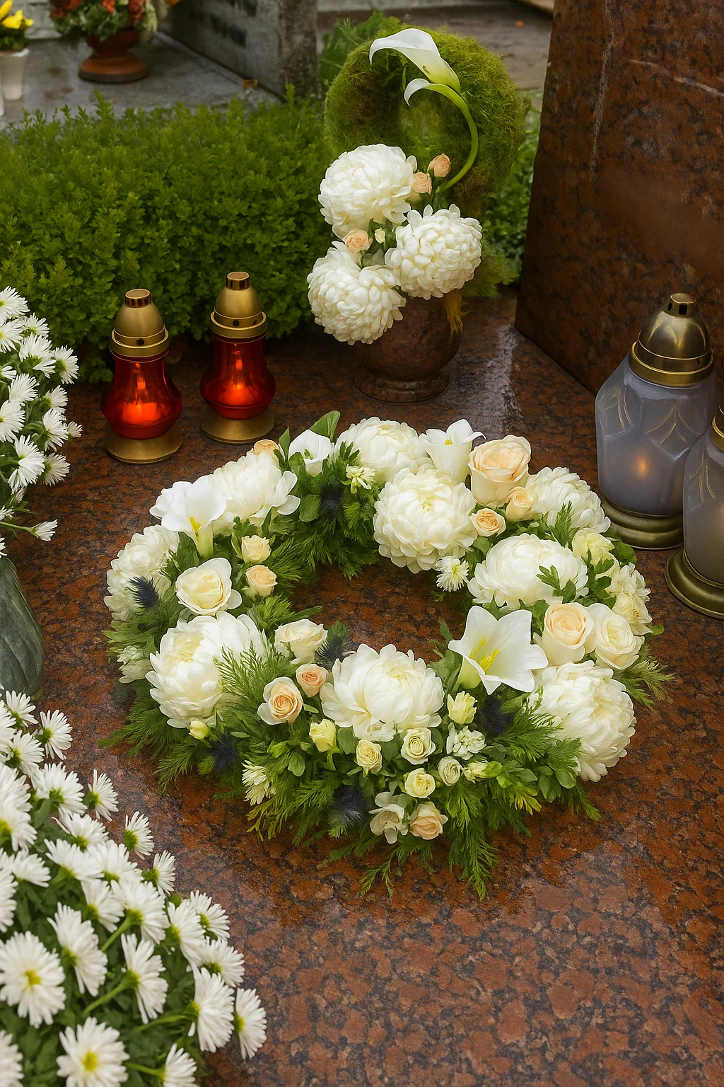 Wieniec z białych kwiatów i zieleni – symbol pamięci i spokoju