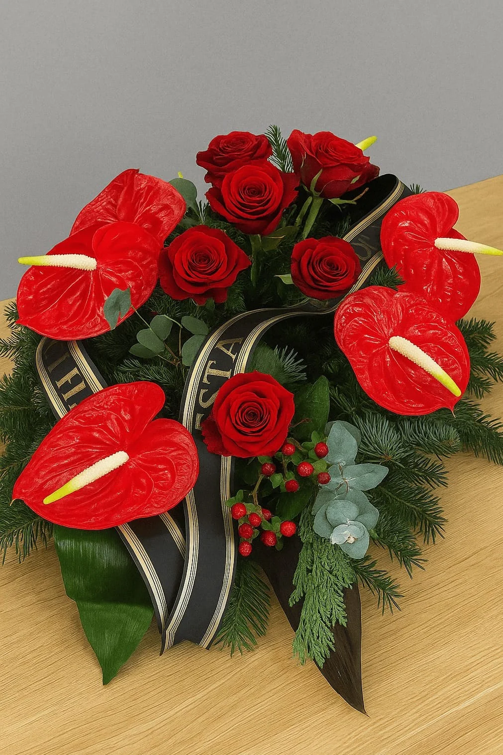 klasyczna kompozycja pogrzebowa z czerwonymi różami