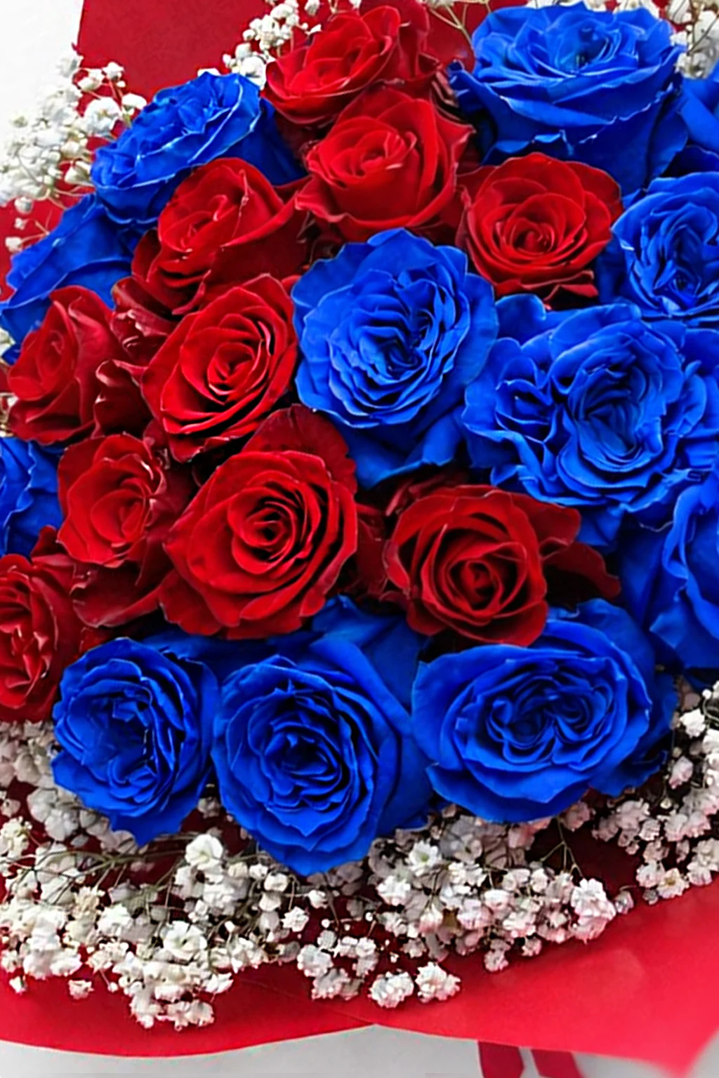 Elegancki bukiet róż z gipsówką w kontrastowej kolorystyce