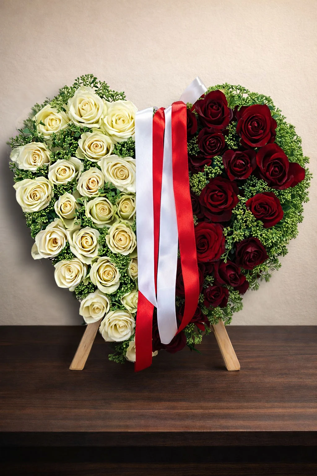 Wieniec pogrzebowy serce z białych i czerwonych róż na stojaku