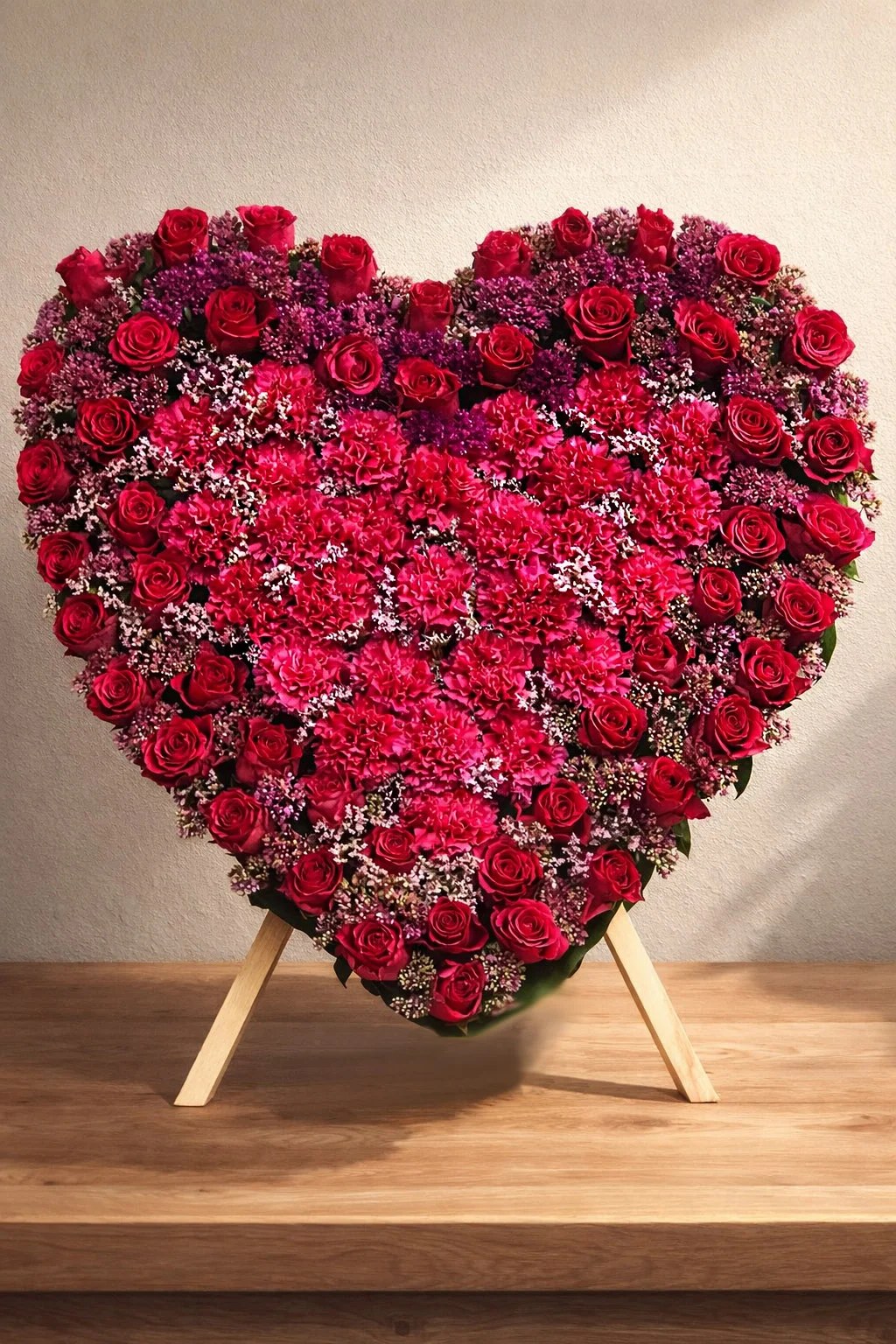 Wieniec pogrzebowy serce z czerwonych róż i goździków na stojaku