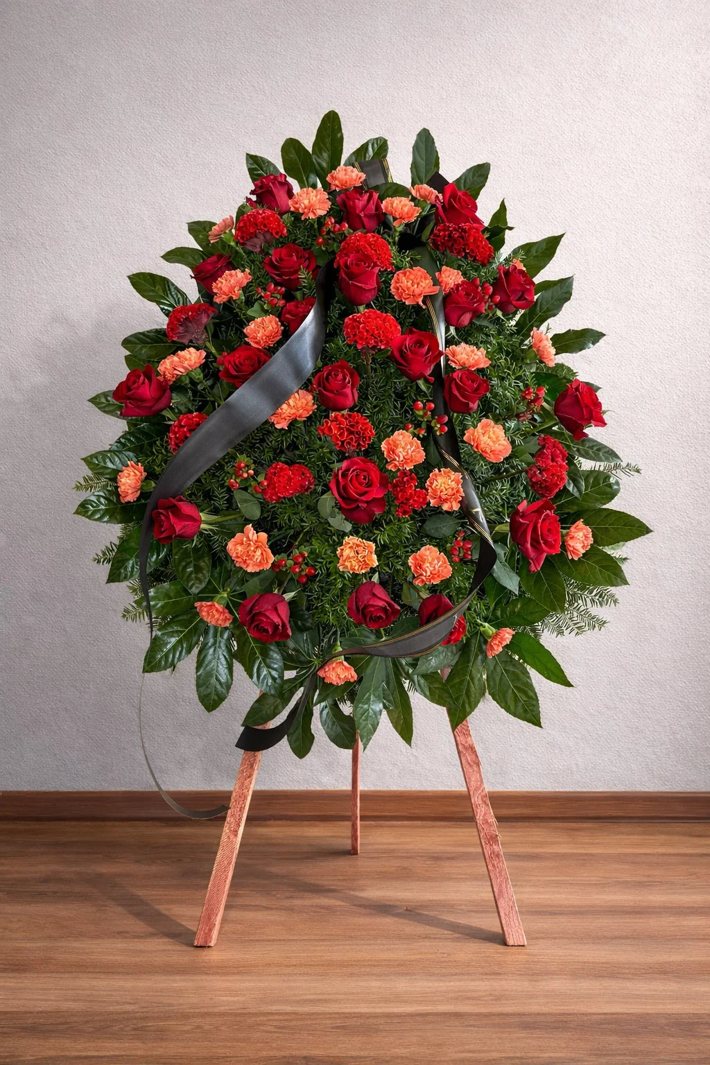 Klasyczny wieniec na pogrzeb z czerwonych róż i pomarańczowych goździków