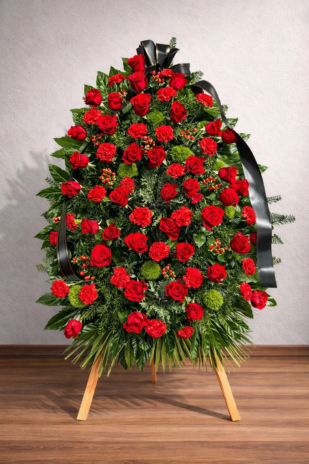 Wieniec pogrzebowy na stojaku z czerwonych róż i goździków