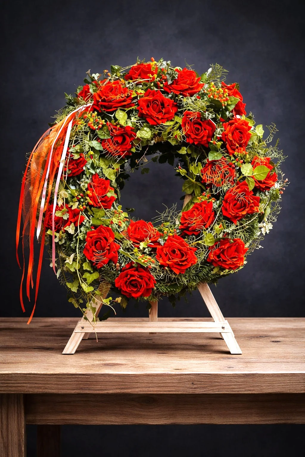 wieniec pogrzebowy z czerwonych róż na stojaku
