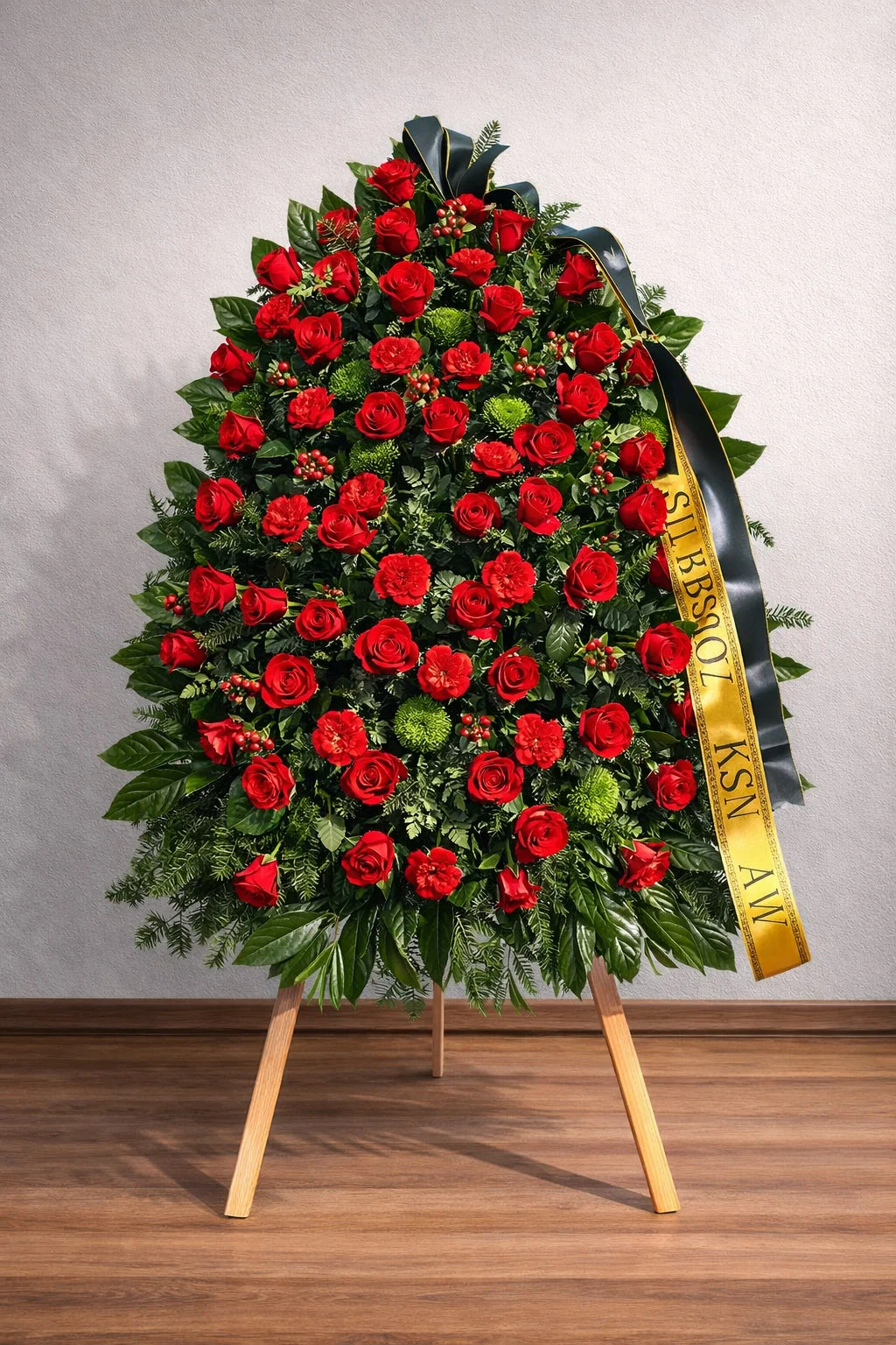 Wieniec pogrzebowy na stojaku z czerwonymi różami i santini