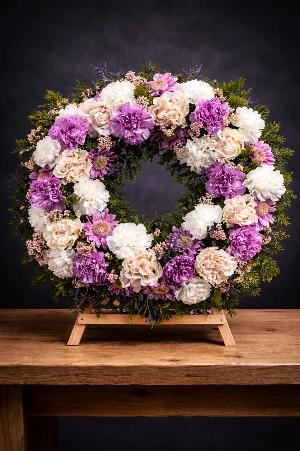 wieniec pogrzebowy z białej róży, goździków i margaretek