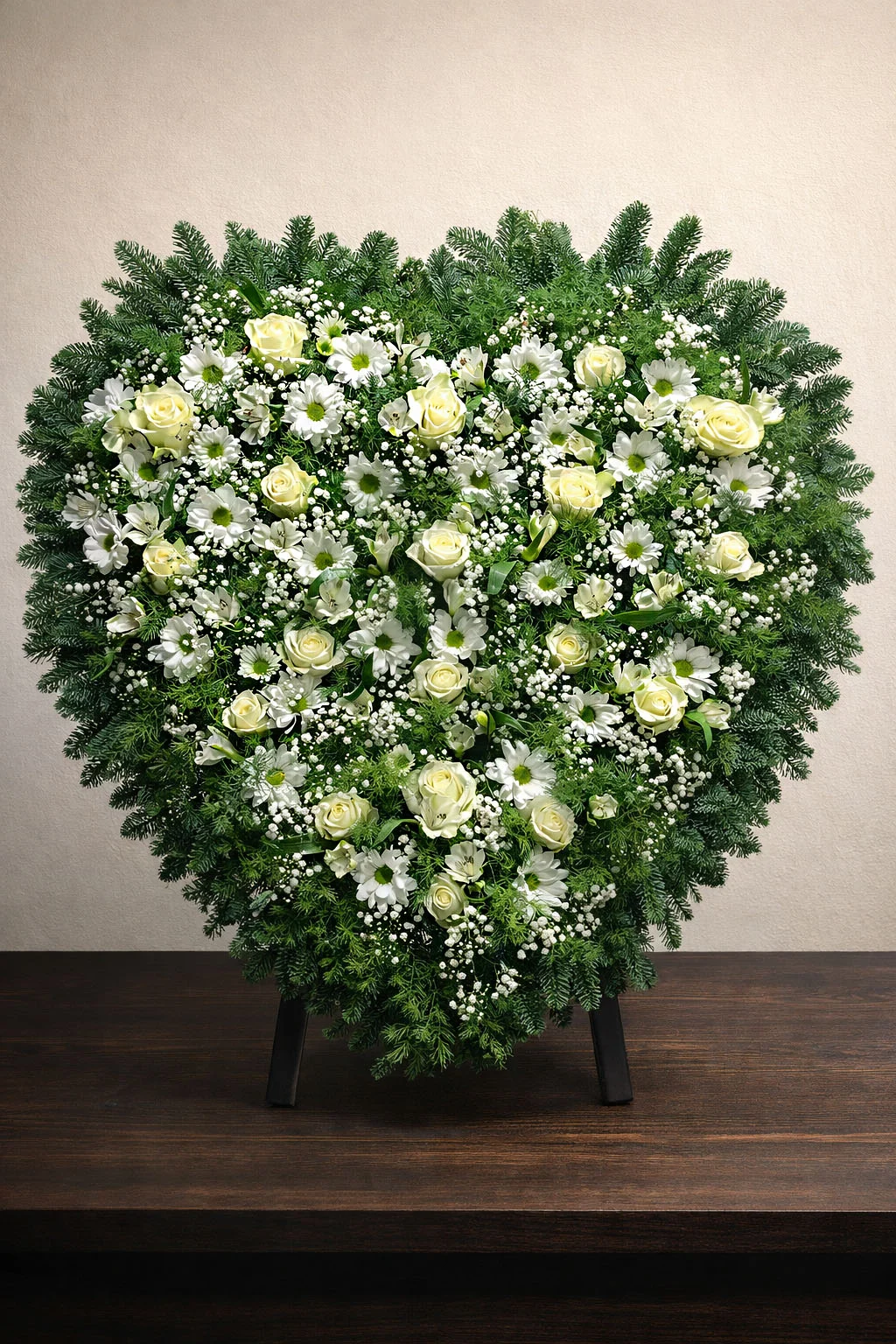 Wieniec pogrzebowy z białych kwiatów na stojaku